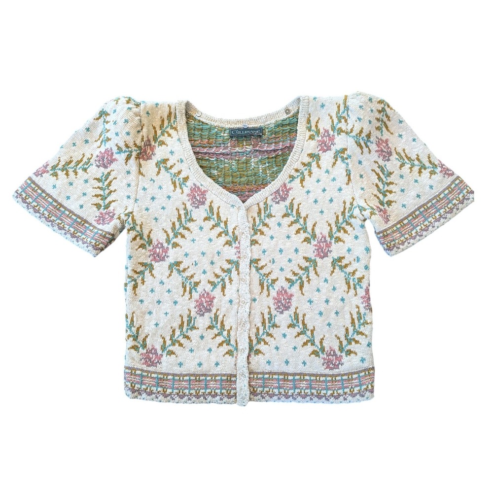 Cullinane Vtg Cottagecore Floral Puff Sleeve Cotton Knit Cardigan Sweater Small
